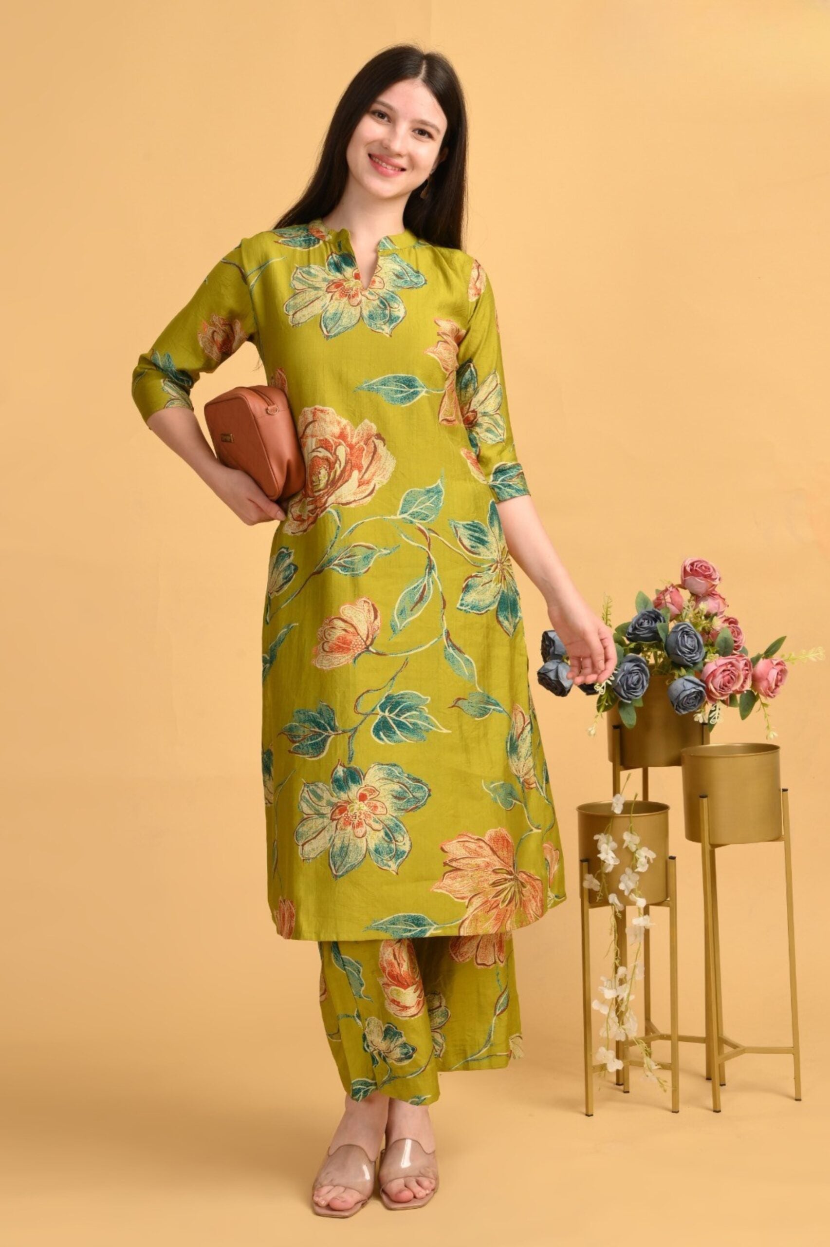 Olive Green Floral Coord Set – Heavy Vatican Gold Dyed Fabric