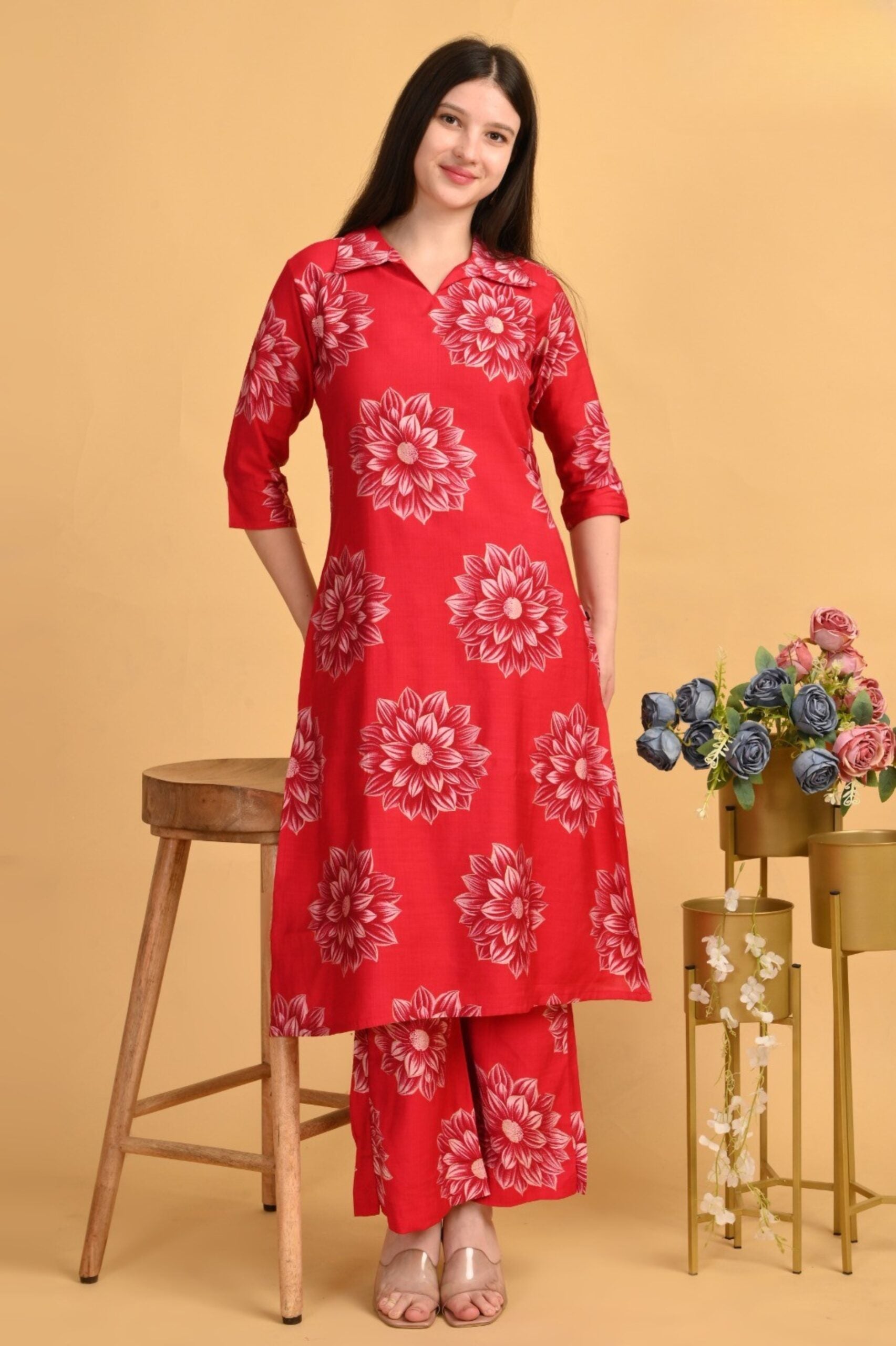 Red Bloom Coord Set – Heavy Vatican Gold Dyed Fabric