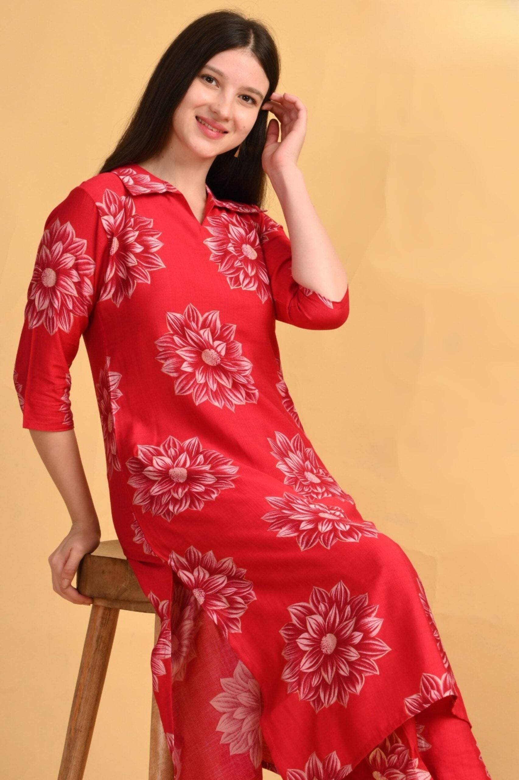 Red Bloom Coord Set – Heavy Vatican Gold Dyed Fabric