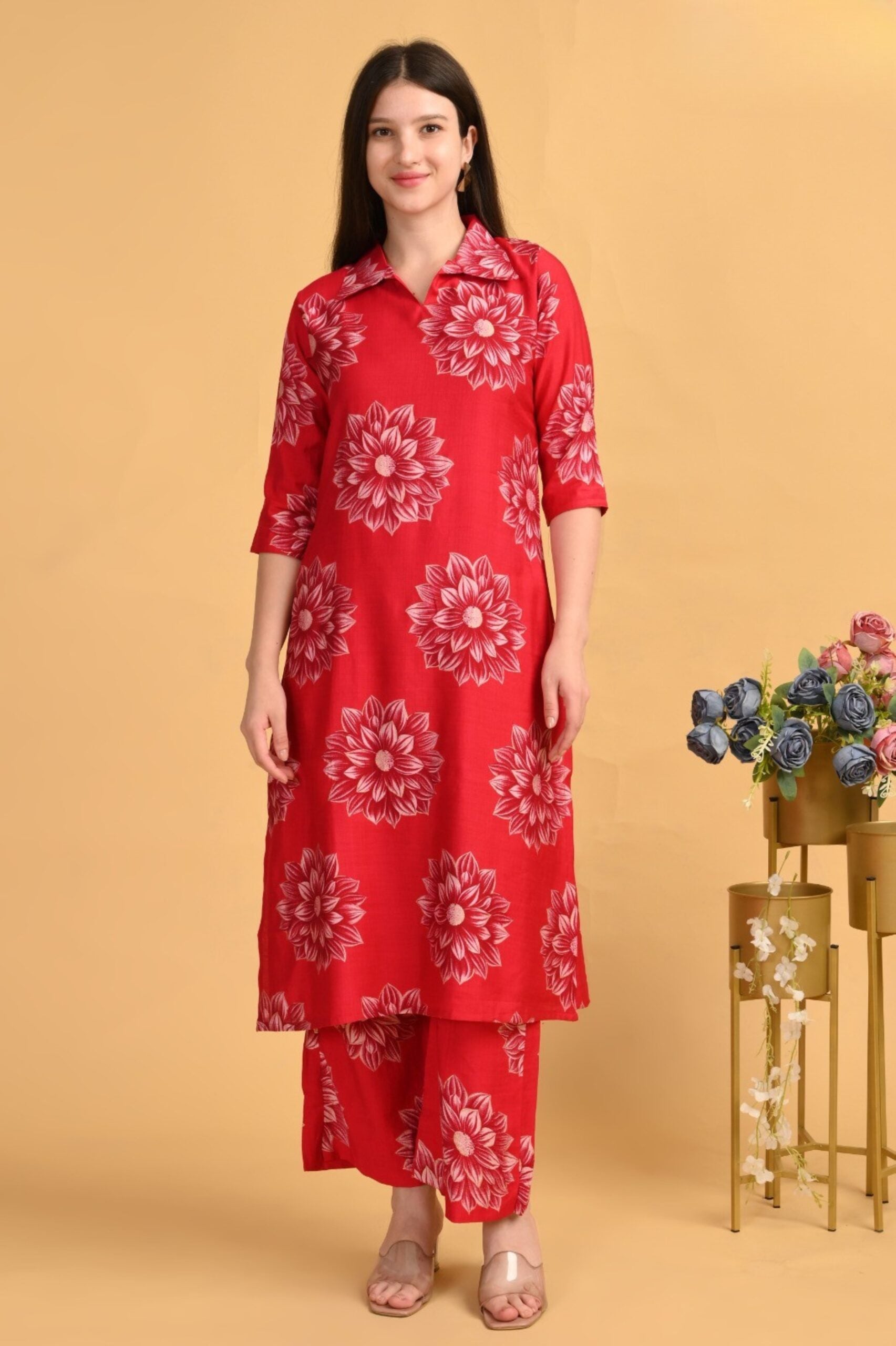 Red Bloom Coord Set – Heavy Vatican Gold Dyed Fabric