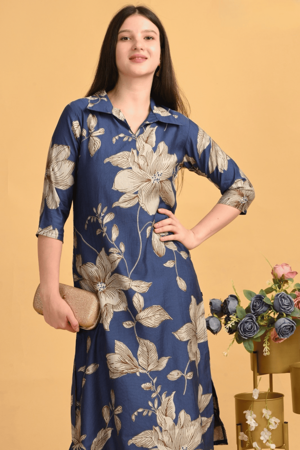 Olive Blue Floral Coord Set – Heavy Vatican Gold Dyed Fabric