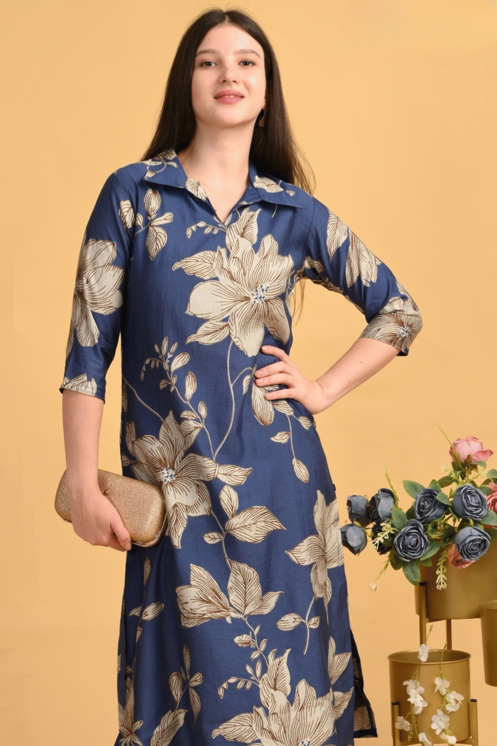 Olive Blue Floral Coord Set – Heavy Vatican Gold Dyed Fabric