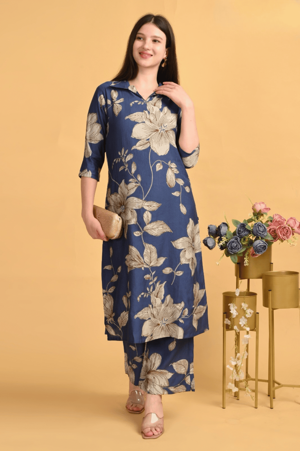Olive Blue Floral Coord Set – Heavy Vatican Gold Dyed Fabric