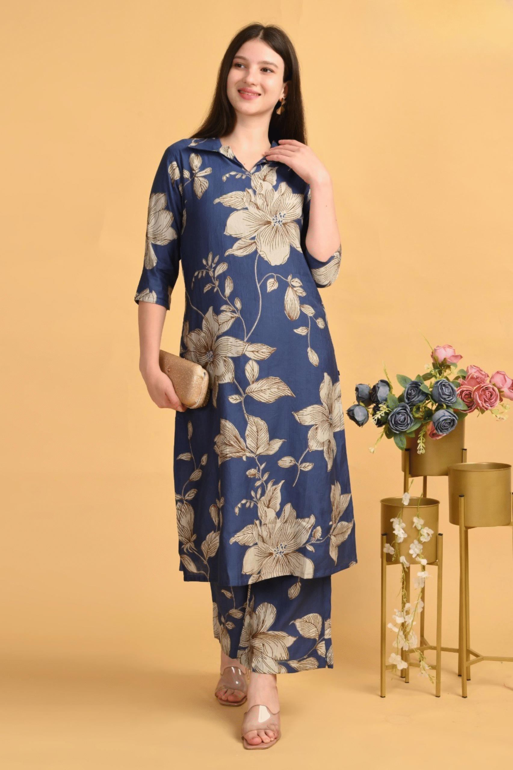 Olive Blue Floral Coord Set – Heavy Vatican Gold Dyed Fabric