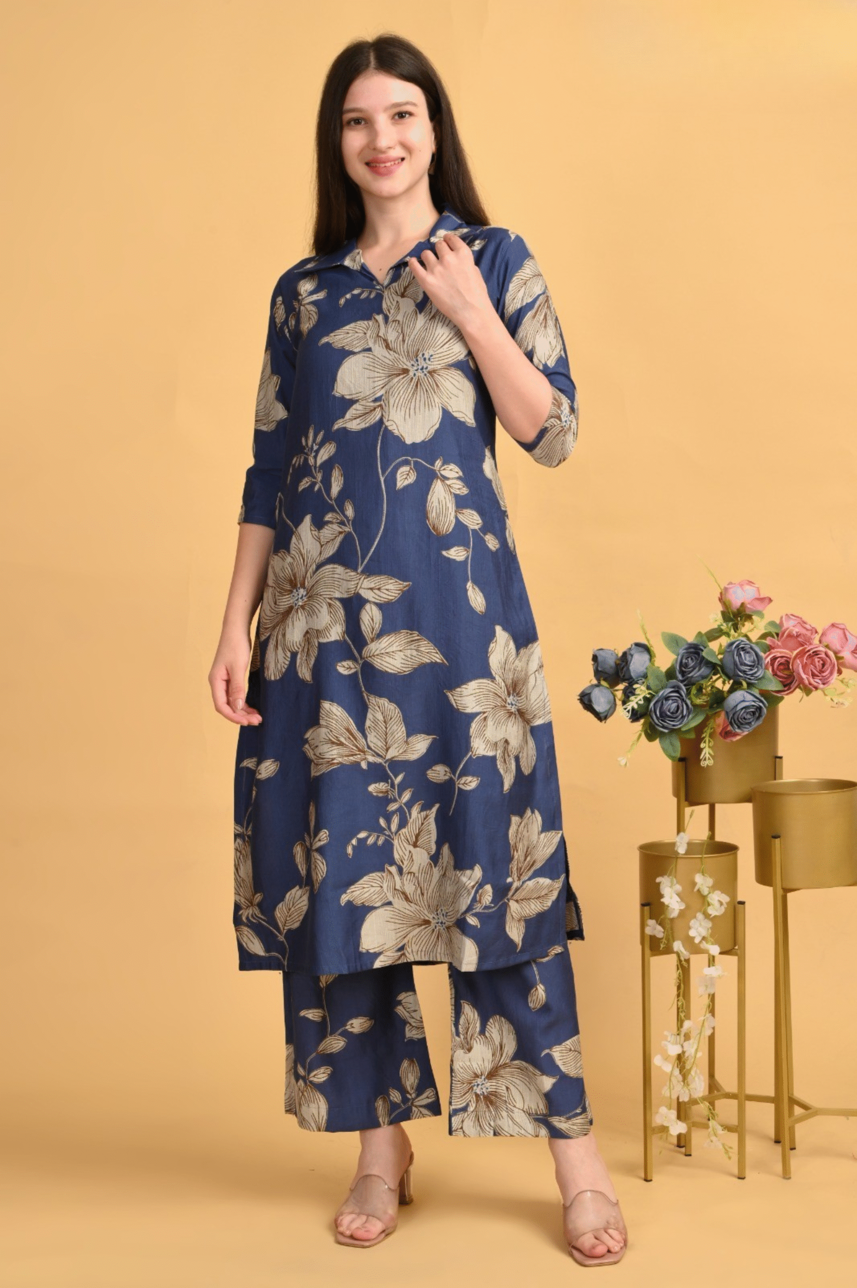 Olive Blue Floral Coord Set – Heavy Vatican Gold Dyed Fabric