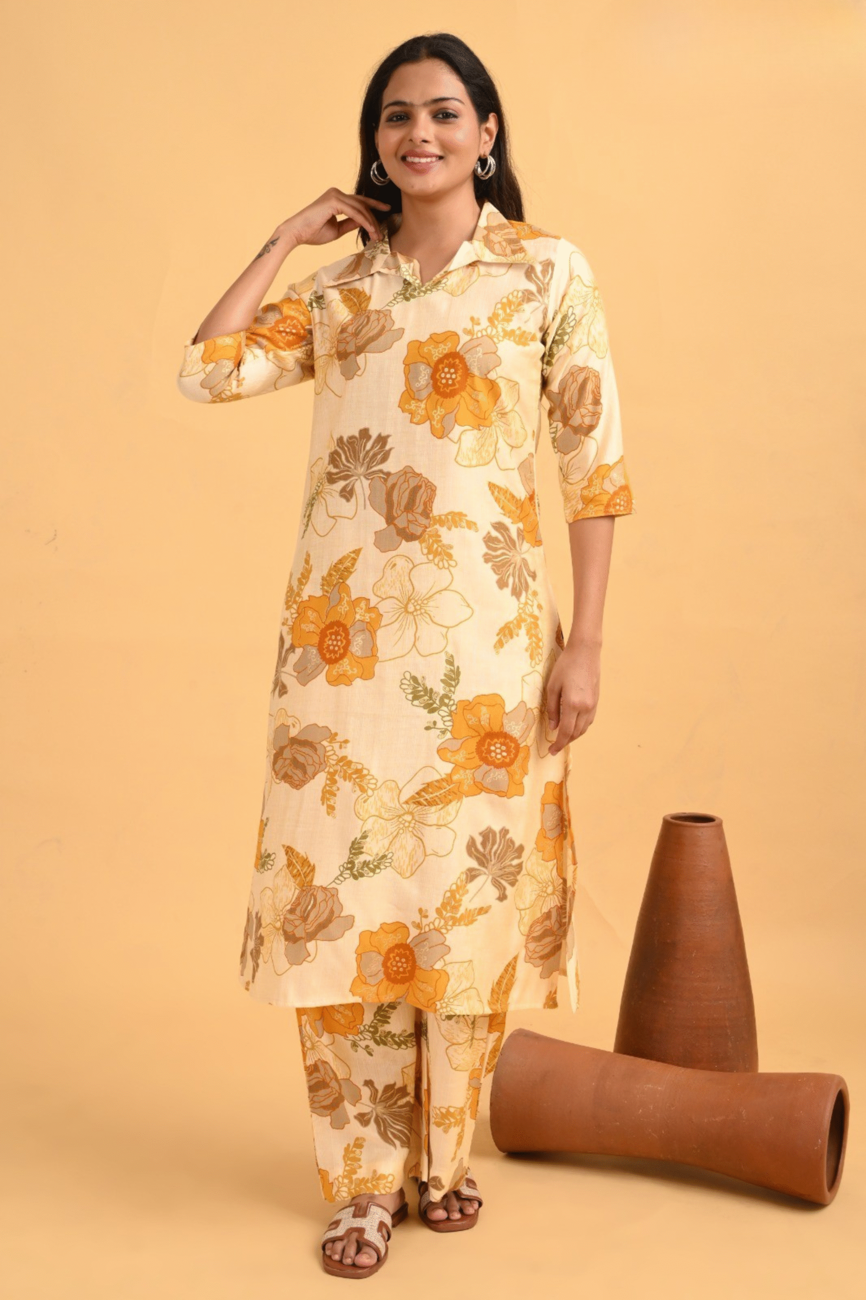 Ivory Yellow Floral Coord Set – Heavy Vatican Gold Discharge Prints
