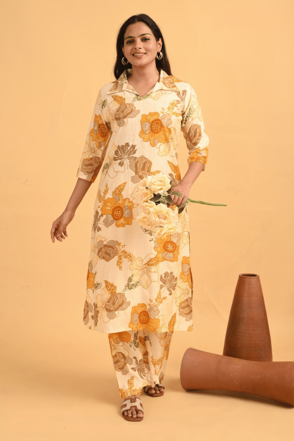 Ivory Yellow Floral Coord Set – Heavy Vatican Gold Discharge Prints