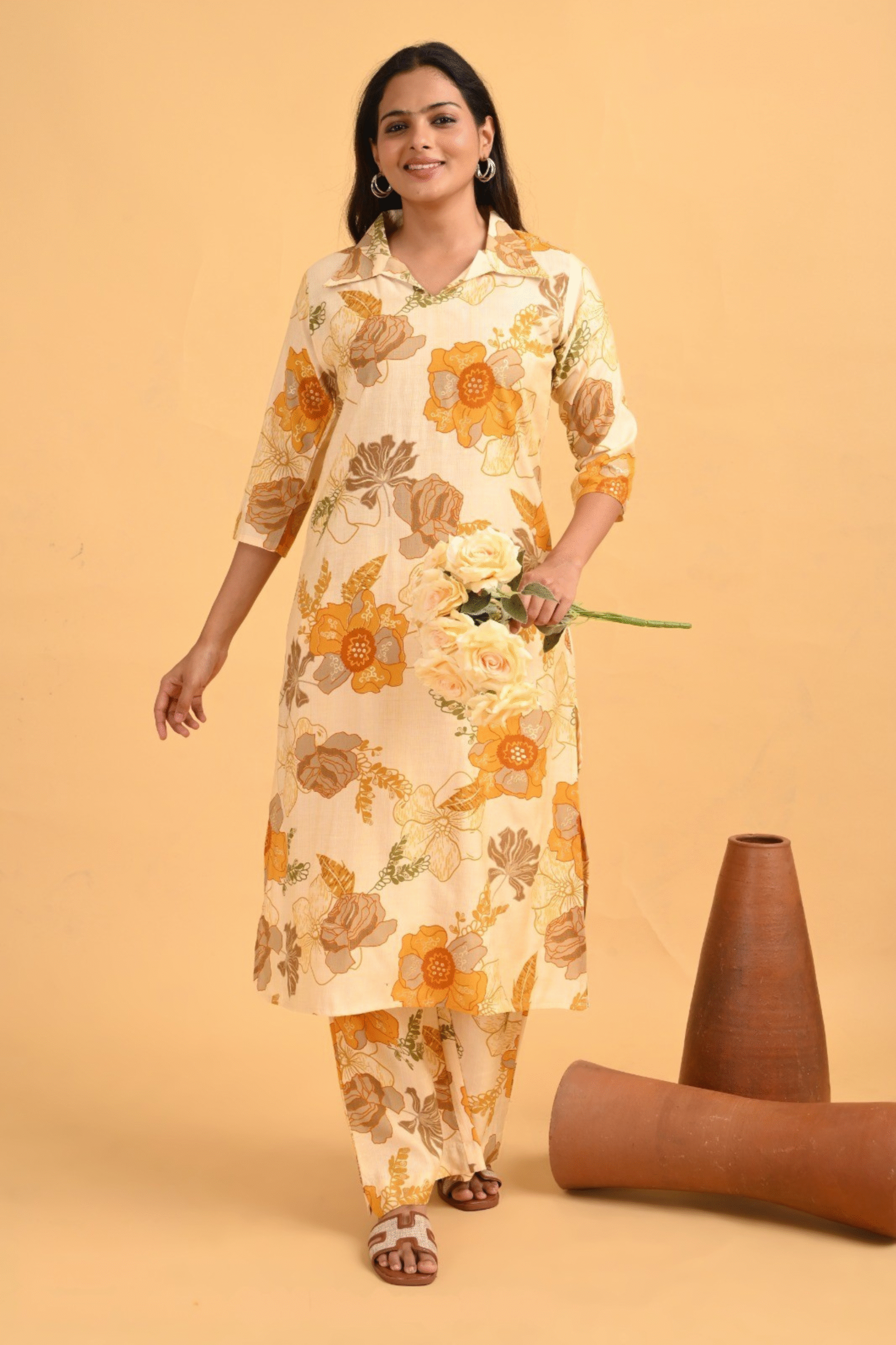 Ivory Yellow Floral Coord Set – Heavy Vatican Gold Discharge Prints