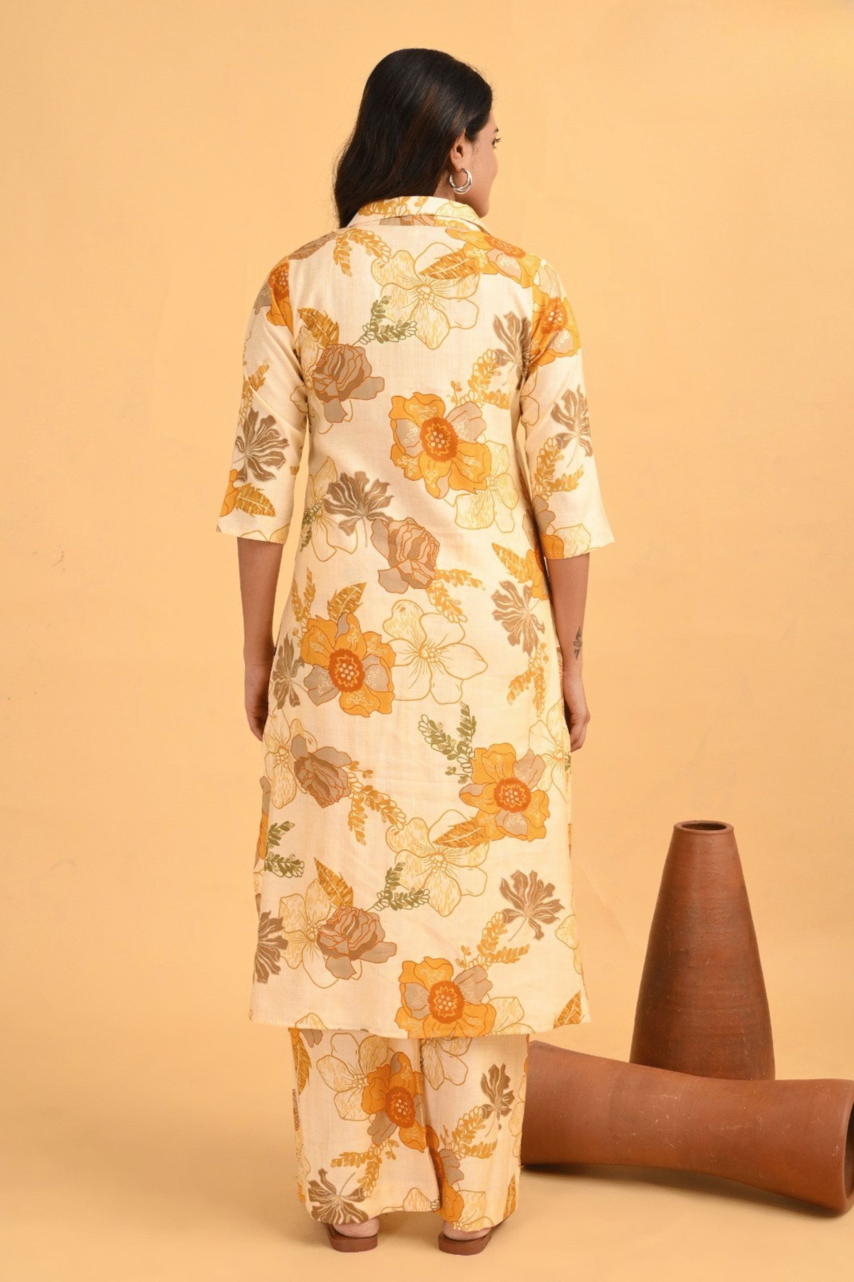 Ivory Yellow Floral Coord Set – Heavy Vatican Gold Discharge Prints