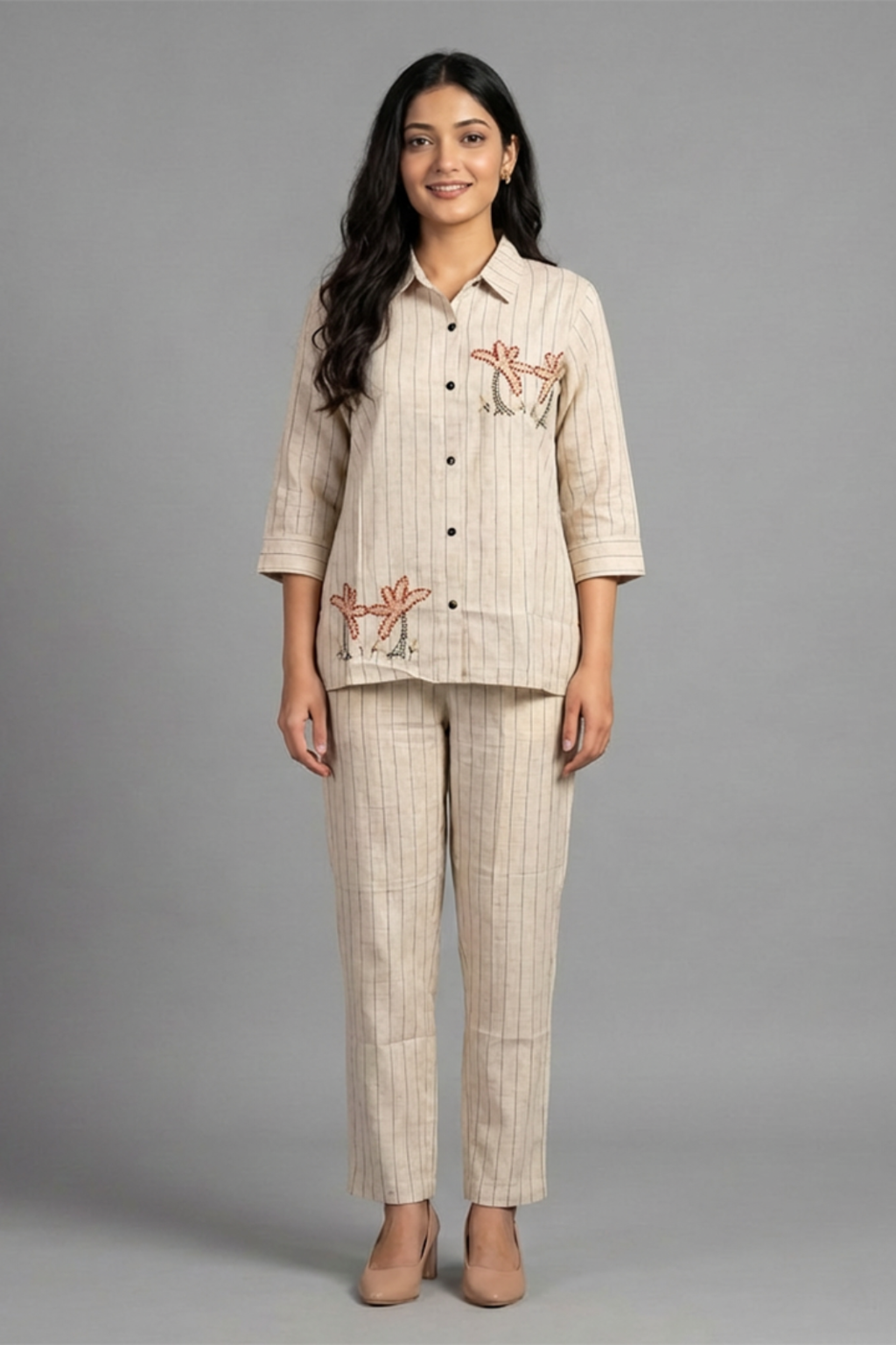 Beige Striped Pure Cotton Thread-Work Coord Set