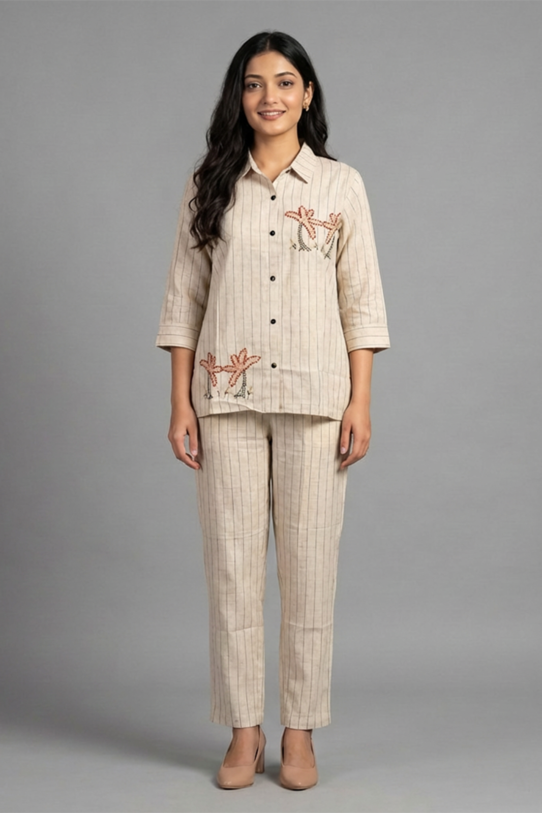 Beige Striped Pure Cotton Thread-Work Coord Set