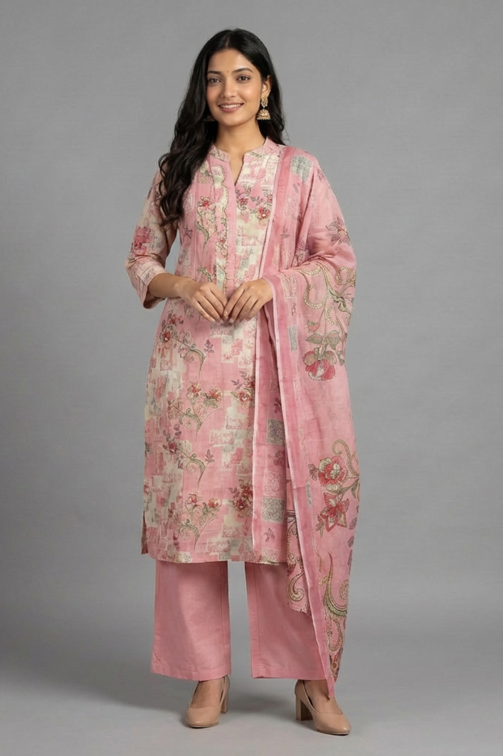 Elegant Pink Cotton Printed Kurta Set with Dupatta
