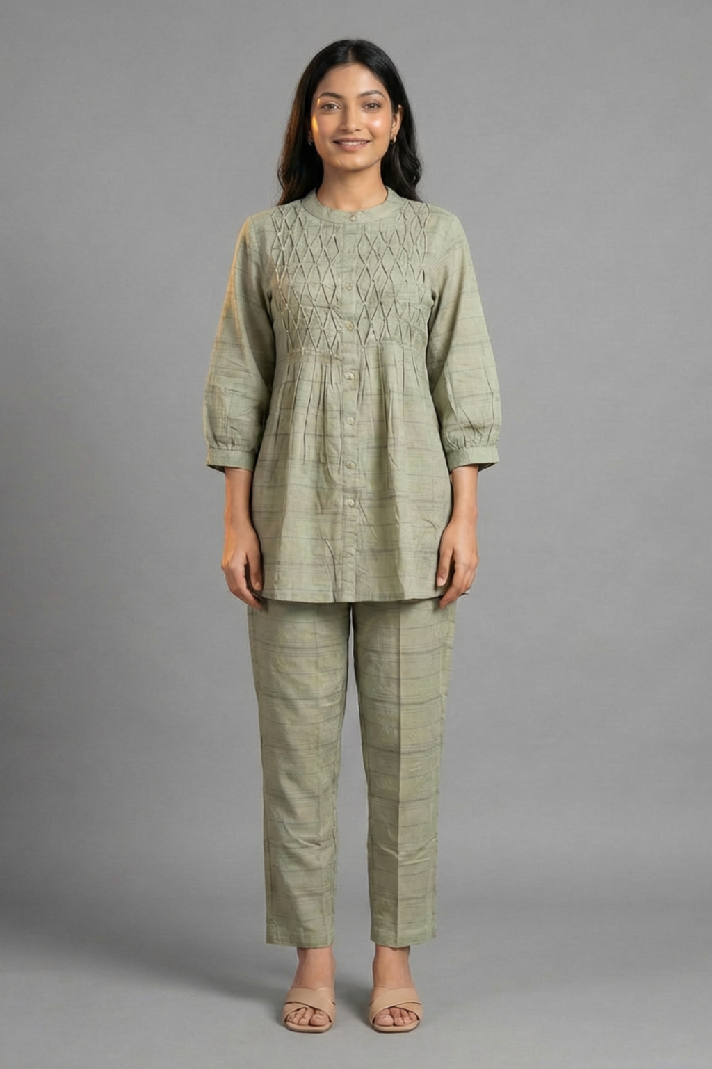Elegant Green Cotton Co-ord Set with Pintuck Detailing