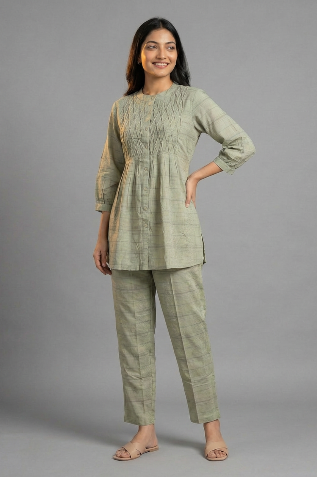Elegant Green Cotton Co-ord Set with Pintuck Detailing