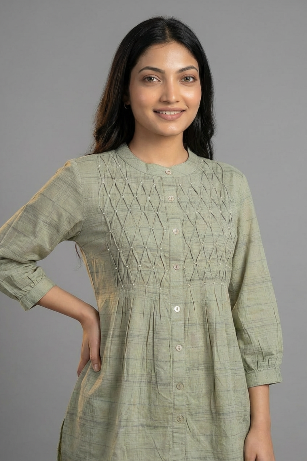 Elegant Green Cotton Co-ord Set with Pintuck Detailing