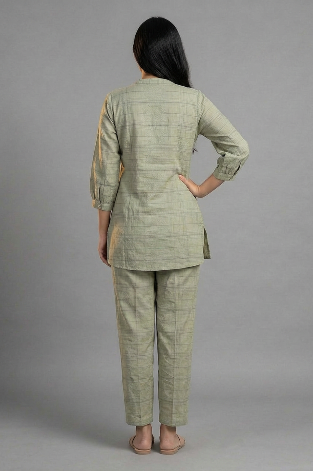 Elegant Green Cotton Co-ord Set with Pintuck Detailing