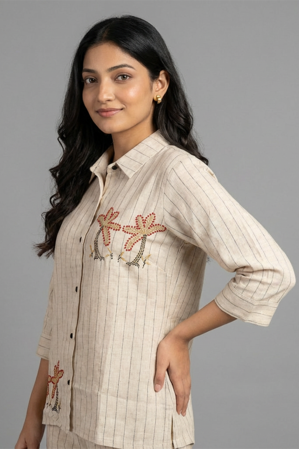 Beige Striped Pure Cotton Thread-Work Coord Set