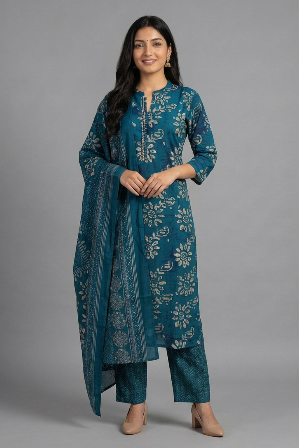Blue Cambric Cotton Kurta Pant Dupatta Set