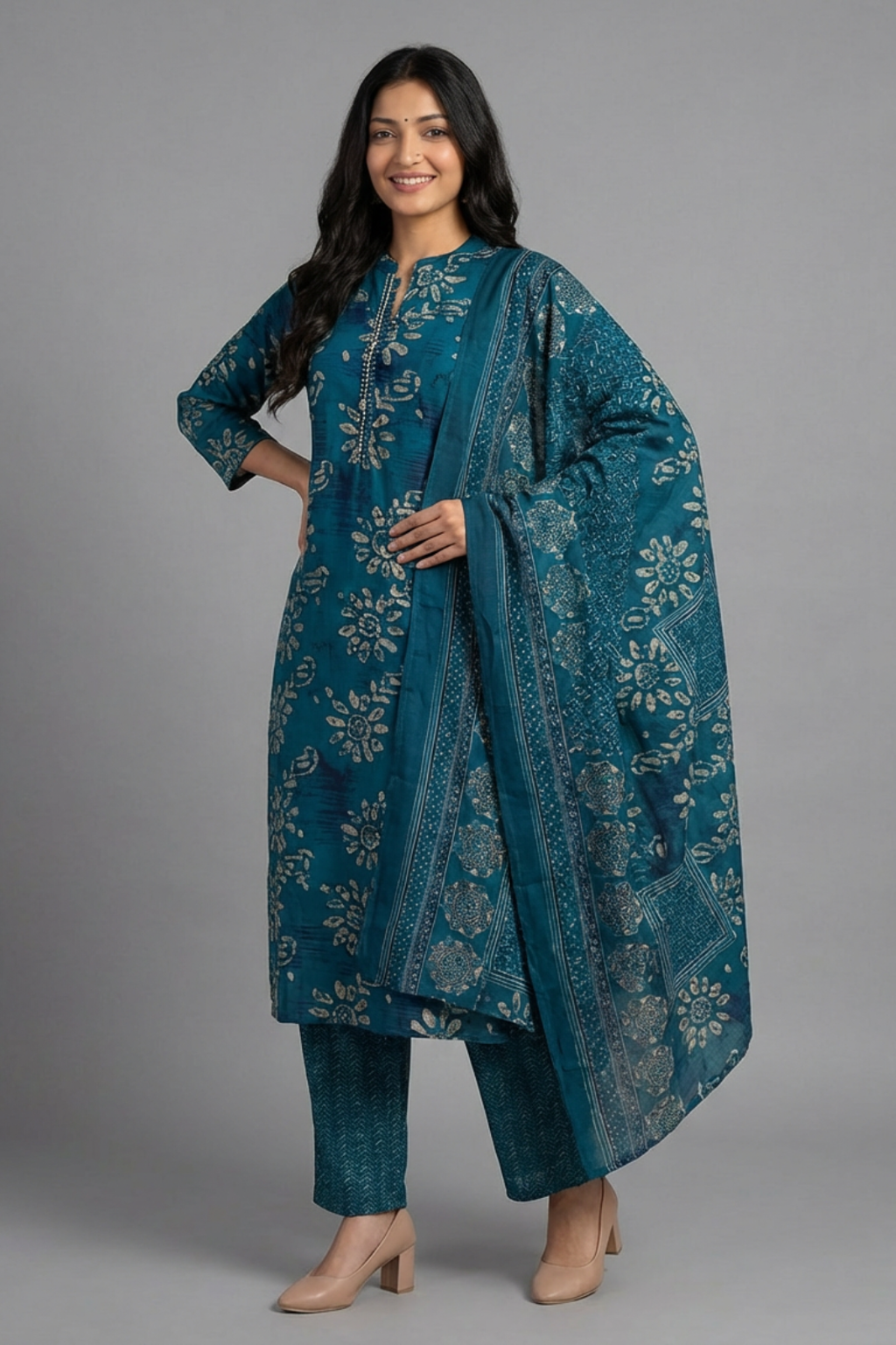 Blue Cambric Cotton Kurta Pant Dupatta Set