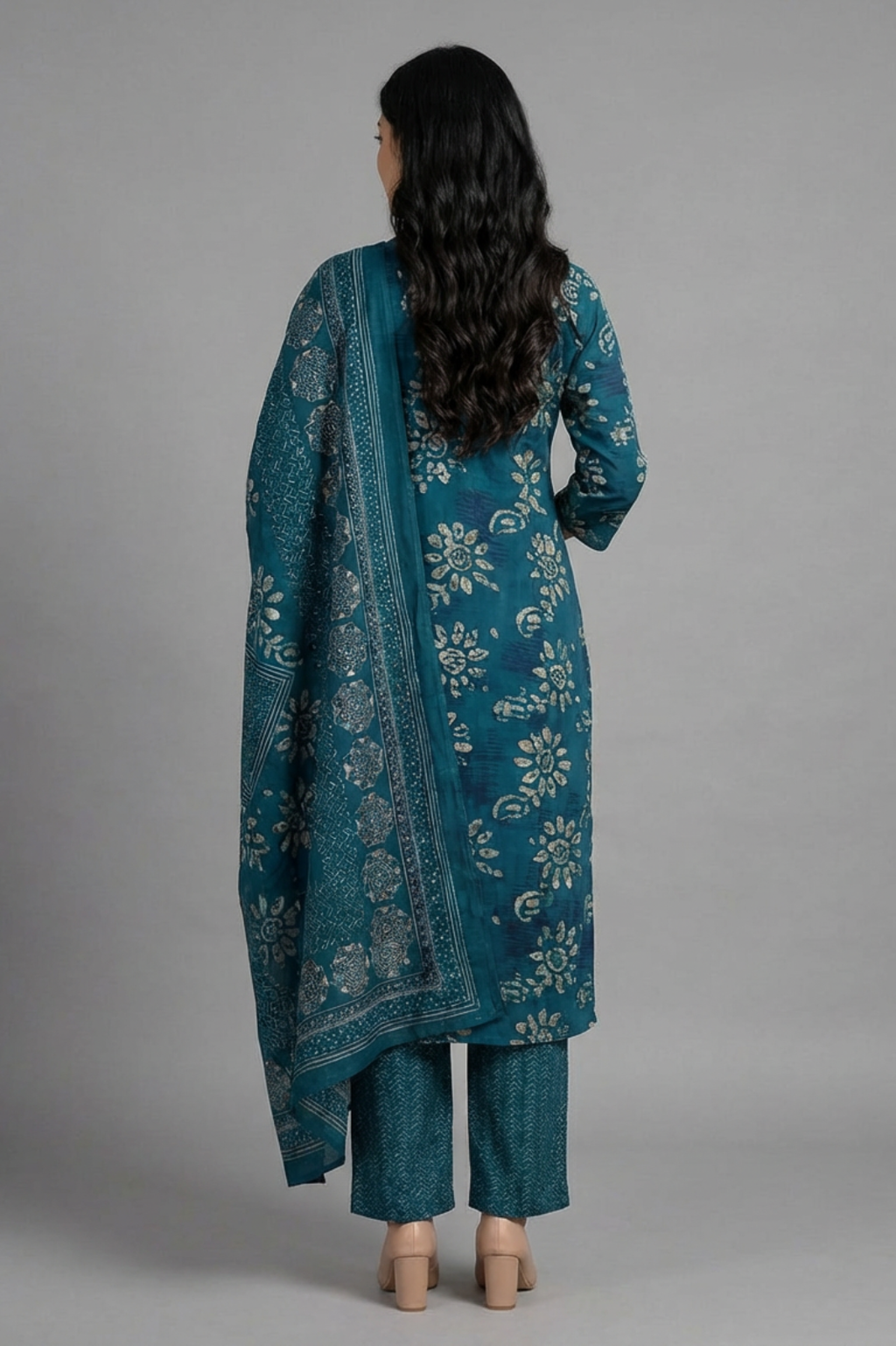 Blue Cambric Cotton Kurta Pant Dupatta Set
