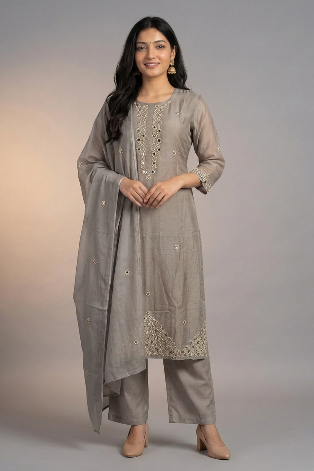 Grey Mul Chanderi A-Line Suit Set with French Knot & Mirror Work