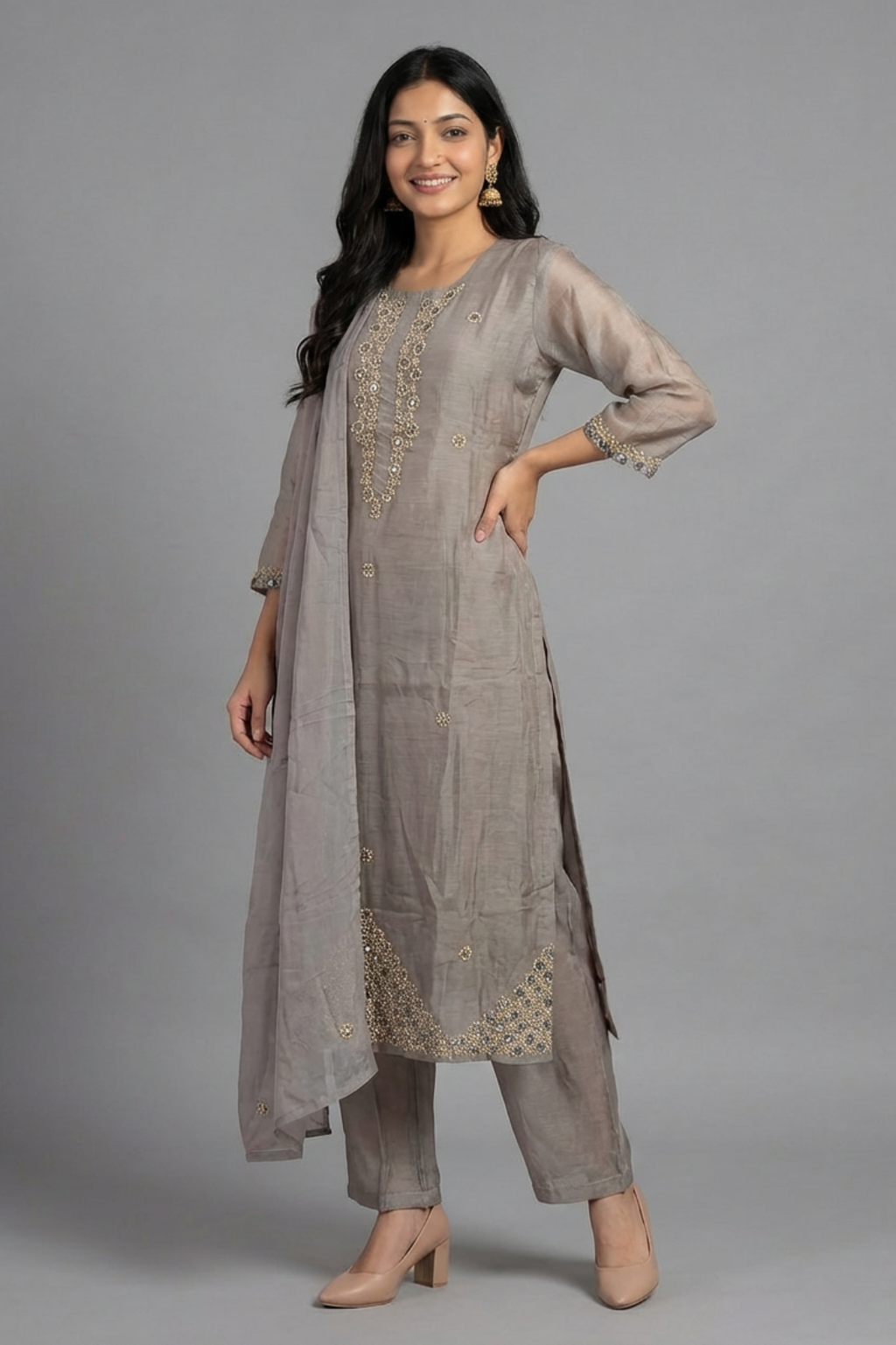 Grey Mul Chanderi A-Line Suit Set with French Knot & Mirror Work