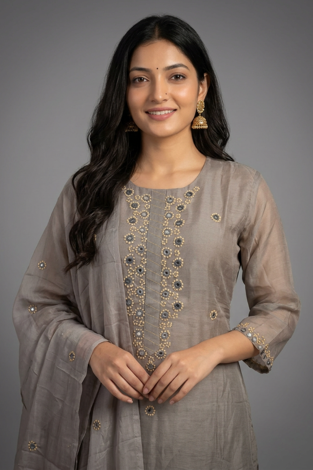 Grey Mul Chanderi A-Line Suit Set with French Knot & Mirror Work