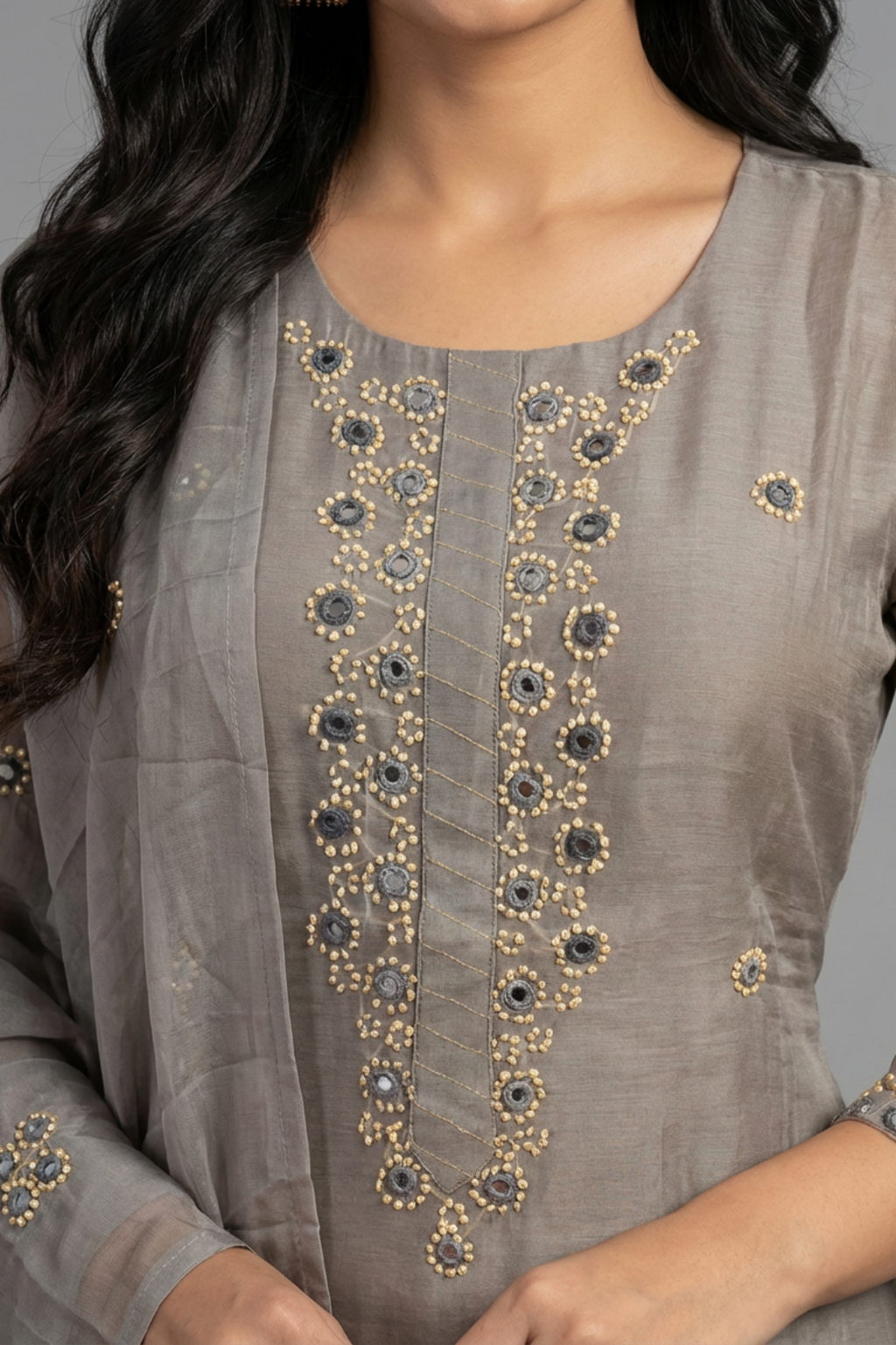 Grey Mul Chanderi A-Line Suit Set with French Knot & Mirror Work