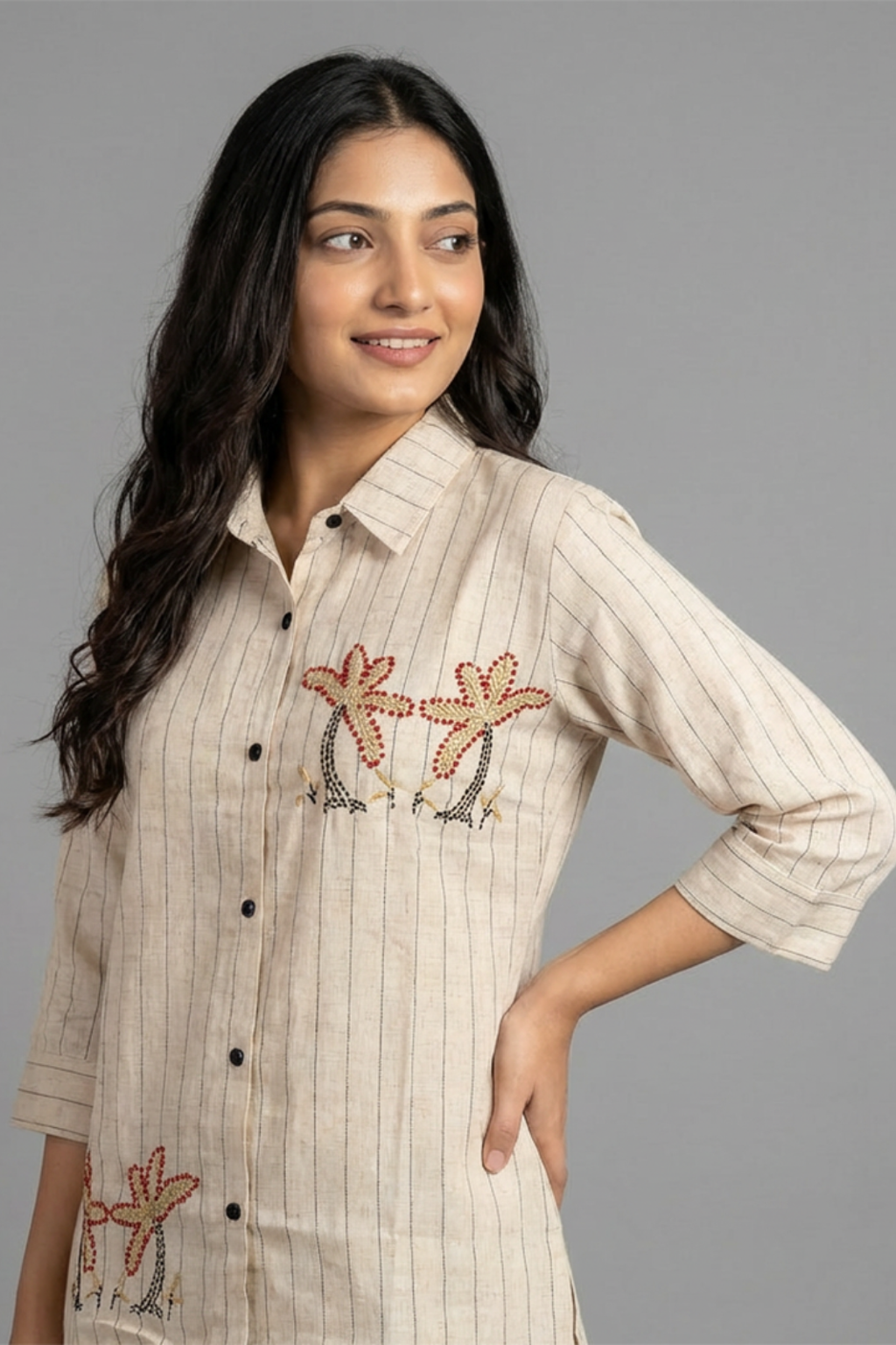 Beige Striped Pure Cotton Thread-Work Coord Set