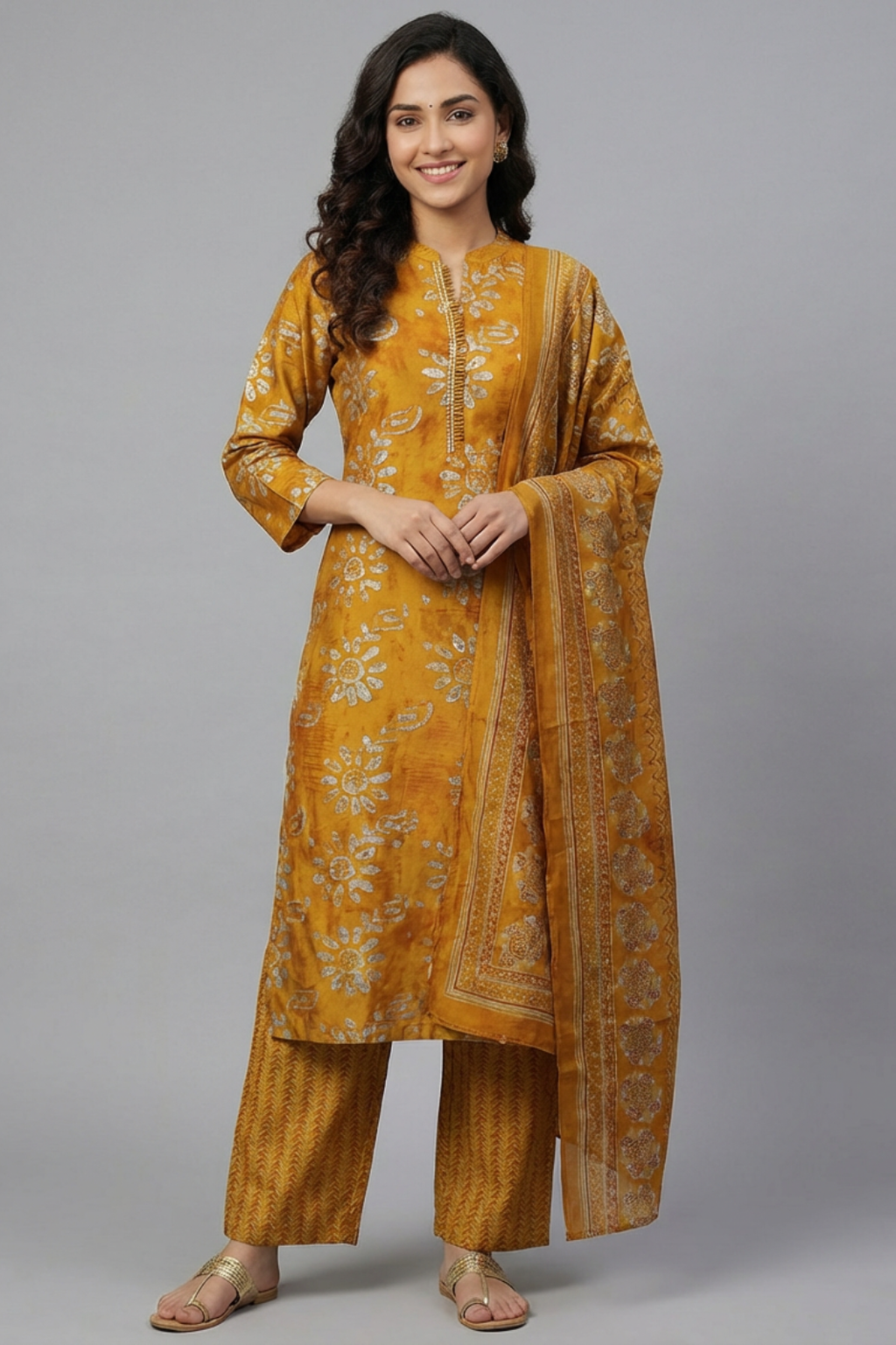 Mustard Cambric Cotton Kurta Pant Dupatta Set