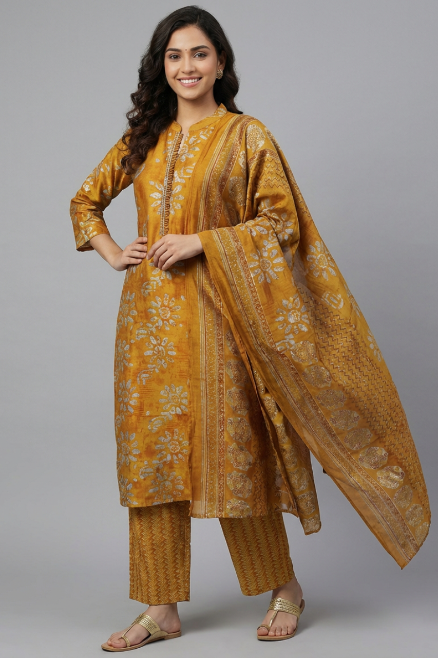 Mustard Cambric Cotton Kurta Pant Dupatta Set