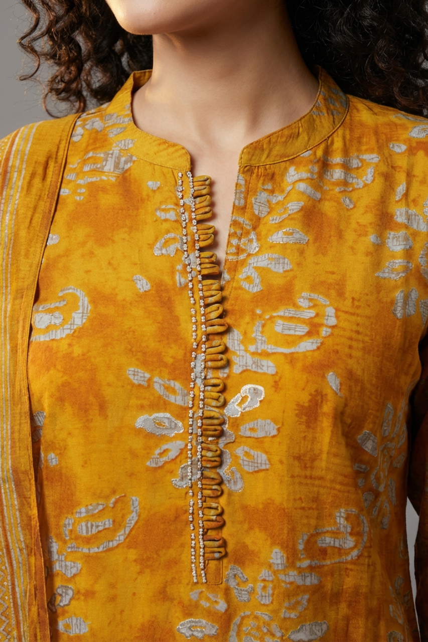 Mustard Cambric Cotton Kurta Pant Dupatta Set