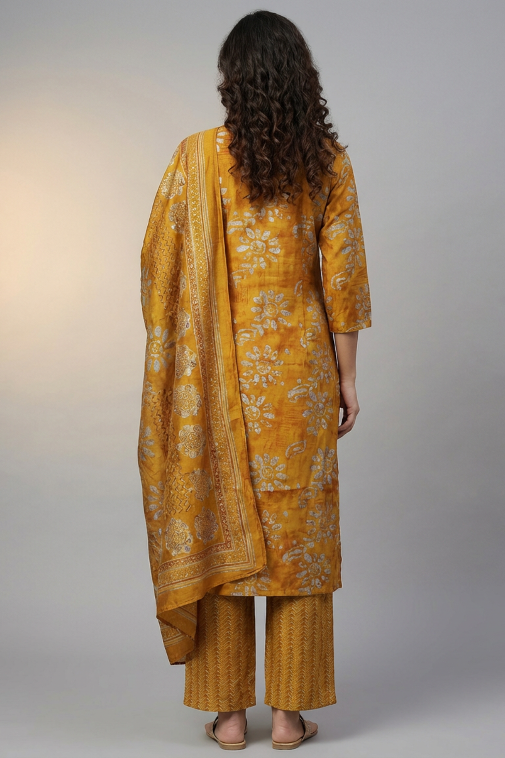 Mustard Cambric Cotton Kurta Pant Dupatta Set