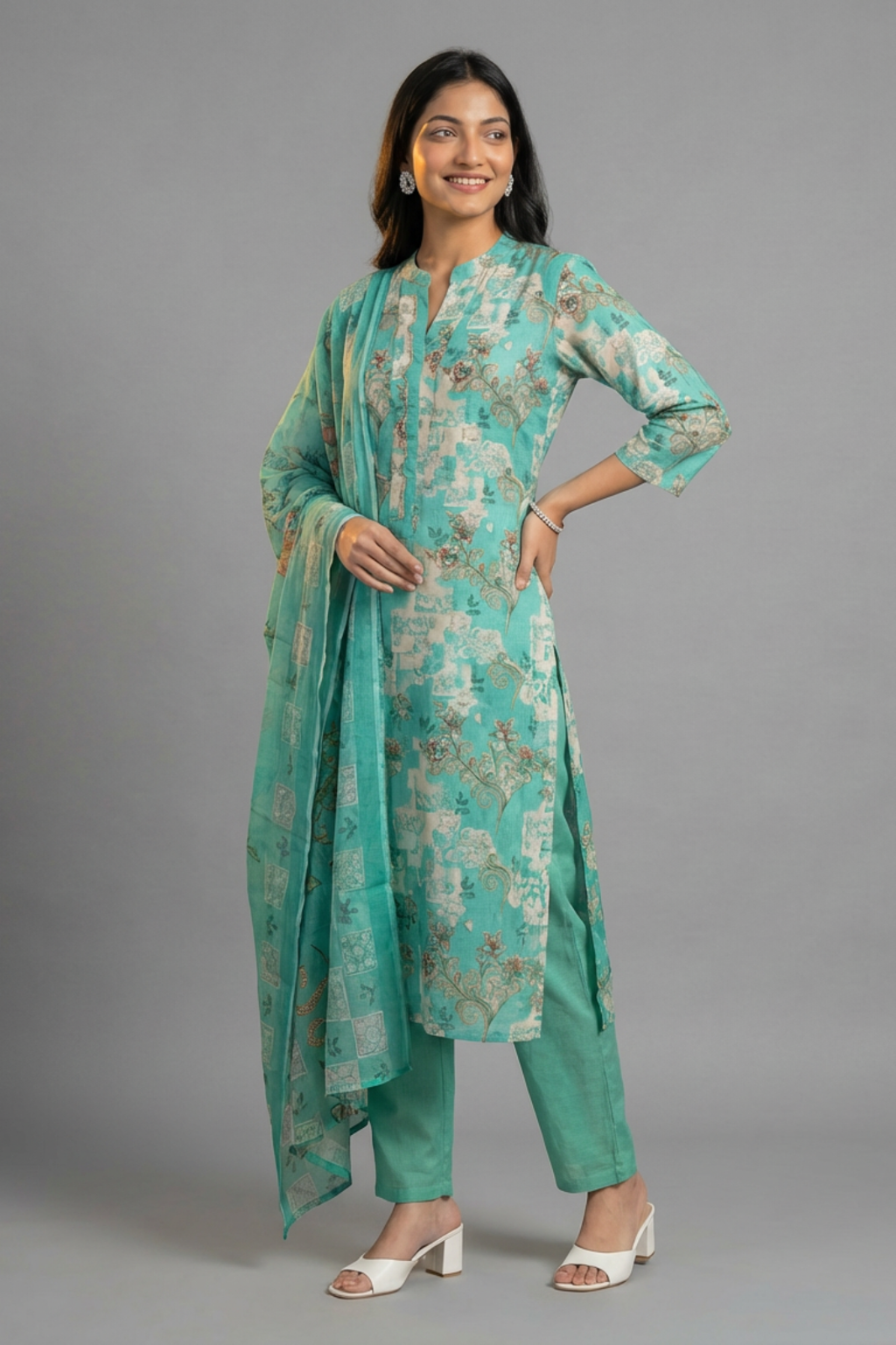 Elegant Teal Blue Cotton Printed Kurta Set with Dupatta