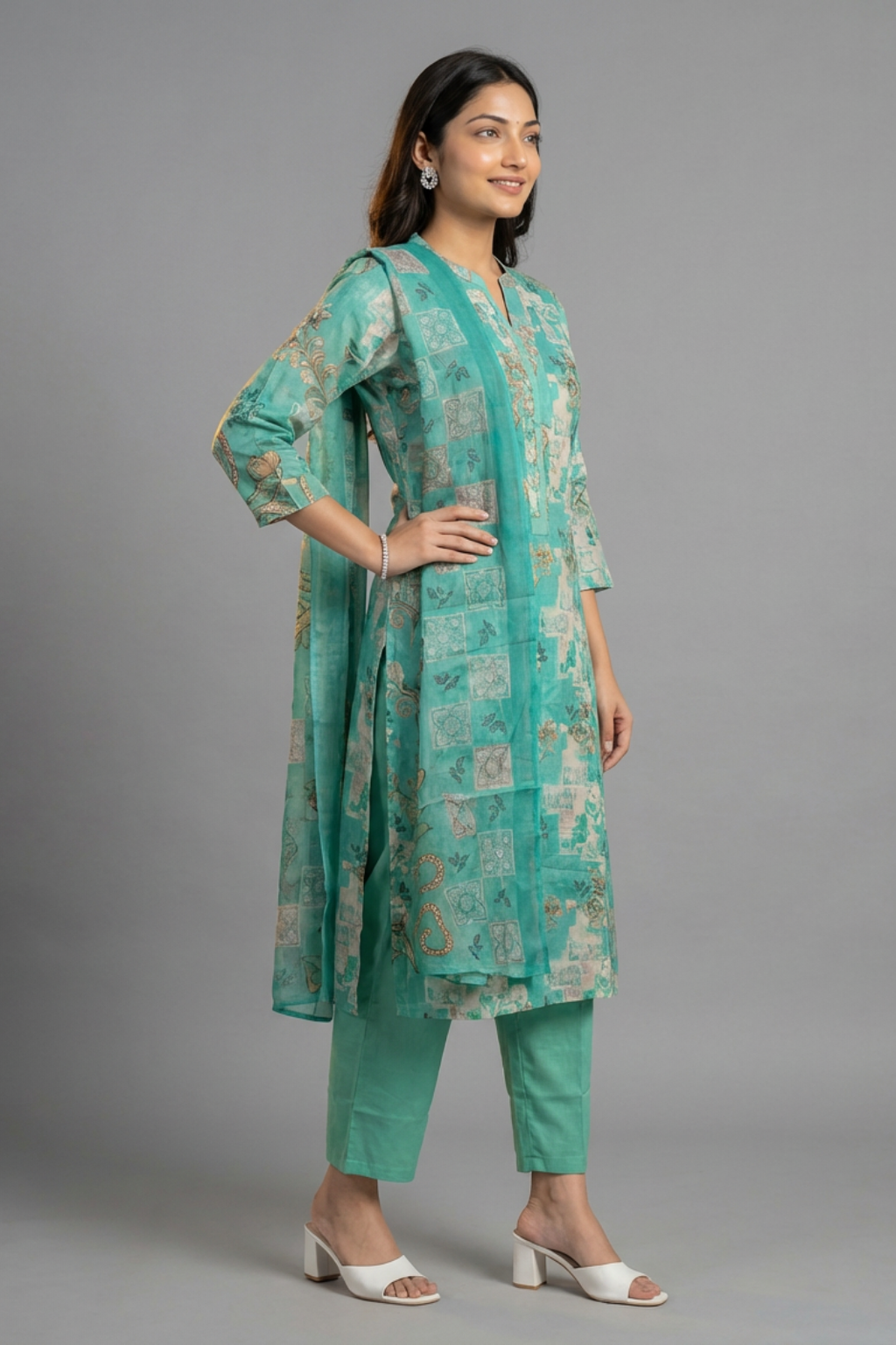 Elegant Teal Blue Cotton Printed Kurta Set with Dupatta