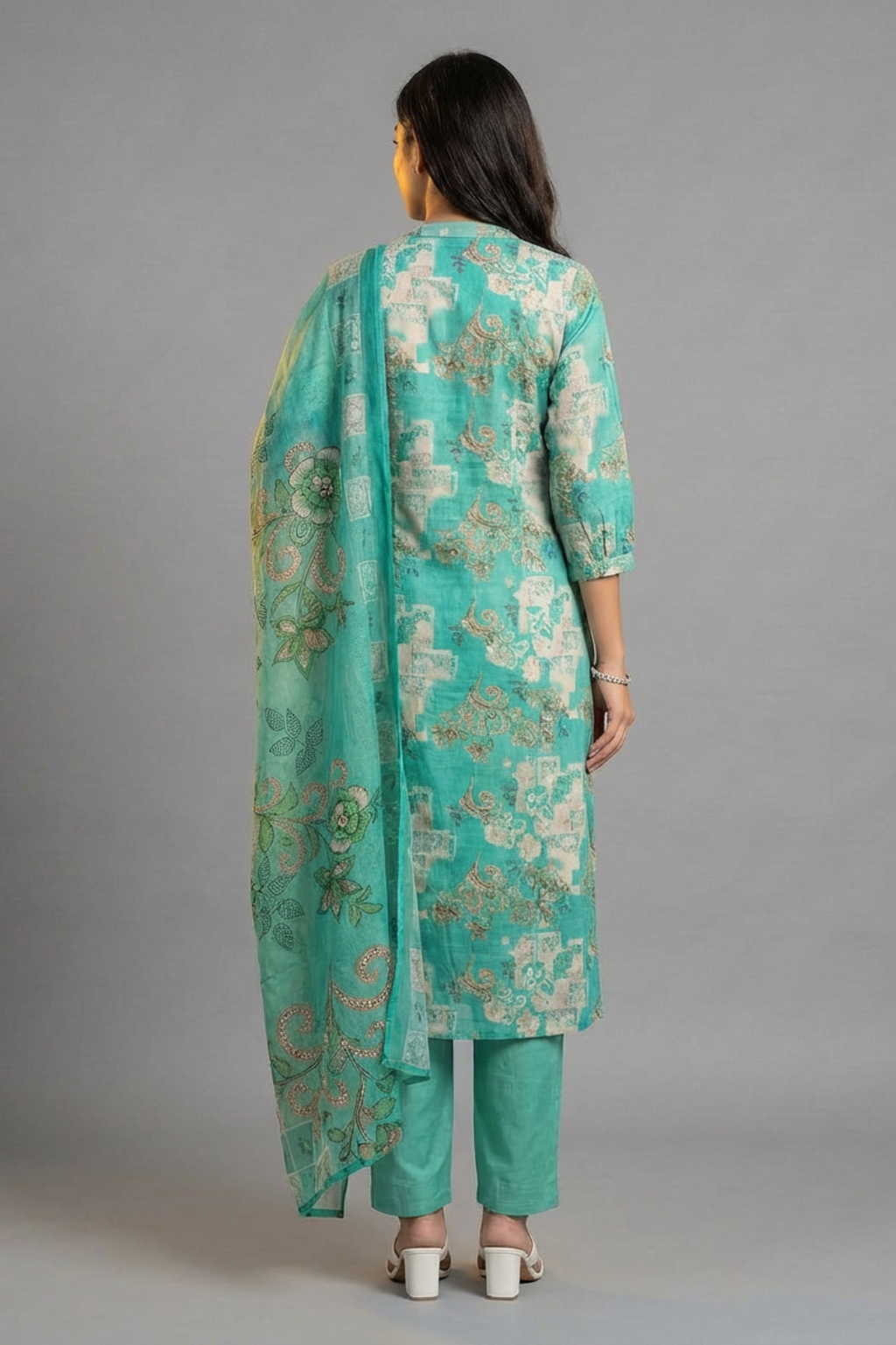 Elegant Teal Blue Cotton Printed Kurta Set with Dupatta