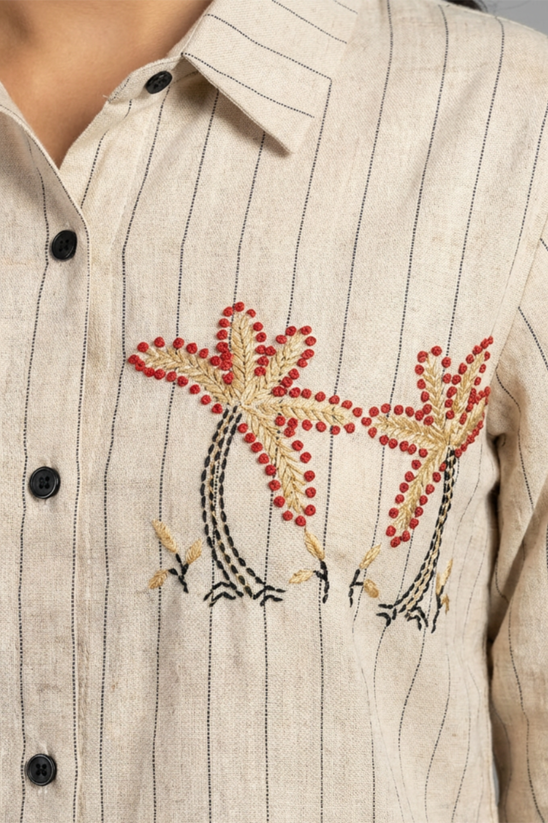 Beige Striped Pure Cotton Thread-Work Coord Set