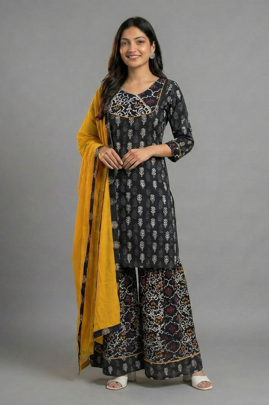 Elegant Black Pure Cotton Hand Block Printed Kurta Skirt Set with Dupatta