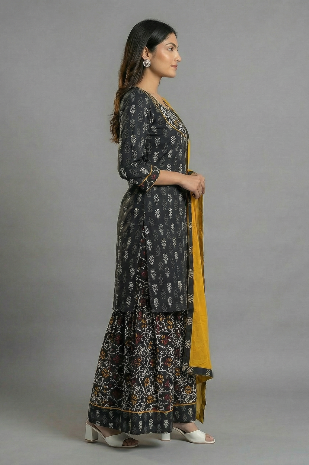 Elegant Black Pure Cotton Hand Block Printed Kurta Skirt Set with Dupatta