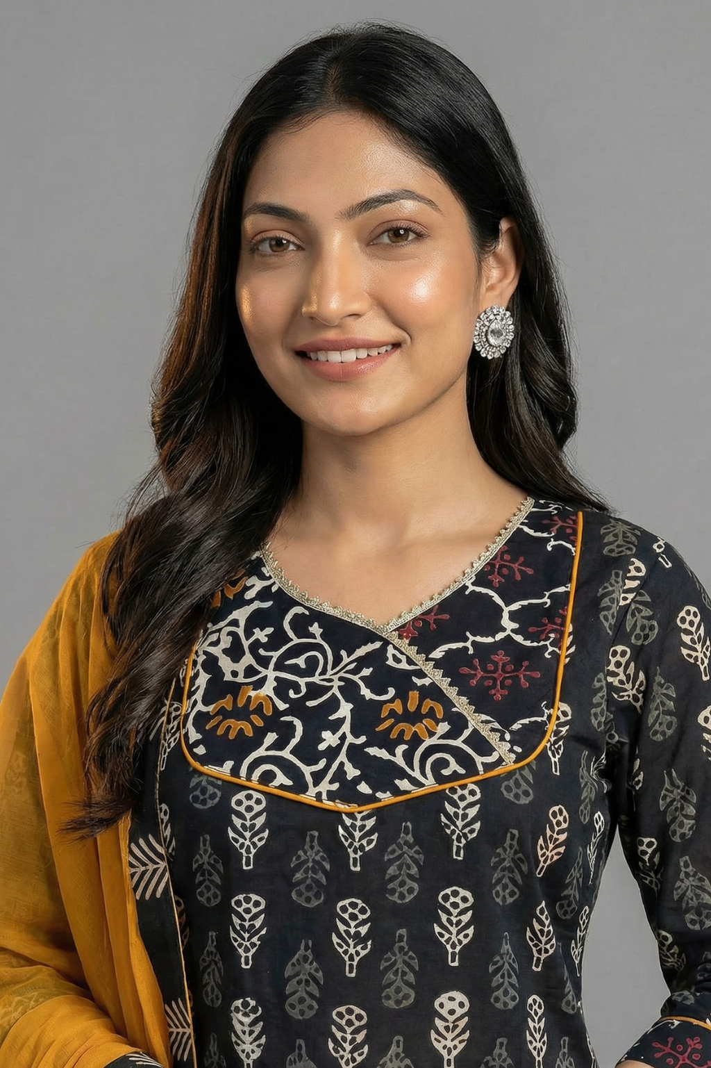 Elegant Black Pure Cotton Hand Block Printed Kurta Skirt Set with Dupatta