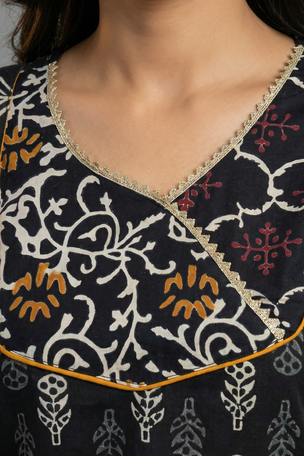 Elegant Black Pure Cotton Hand Block Printed Kurta Skirt Set with Dupatta