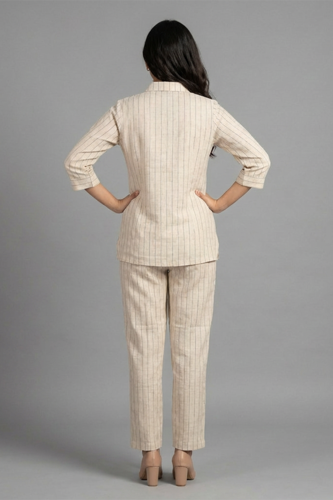 Beige Striped Pure Cotton Thread-Work Coord Set