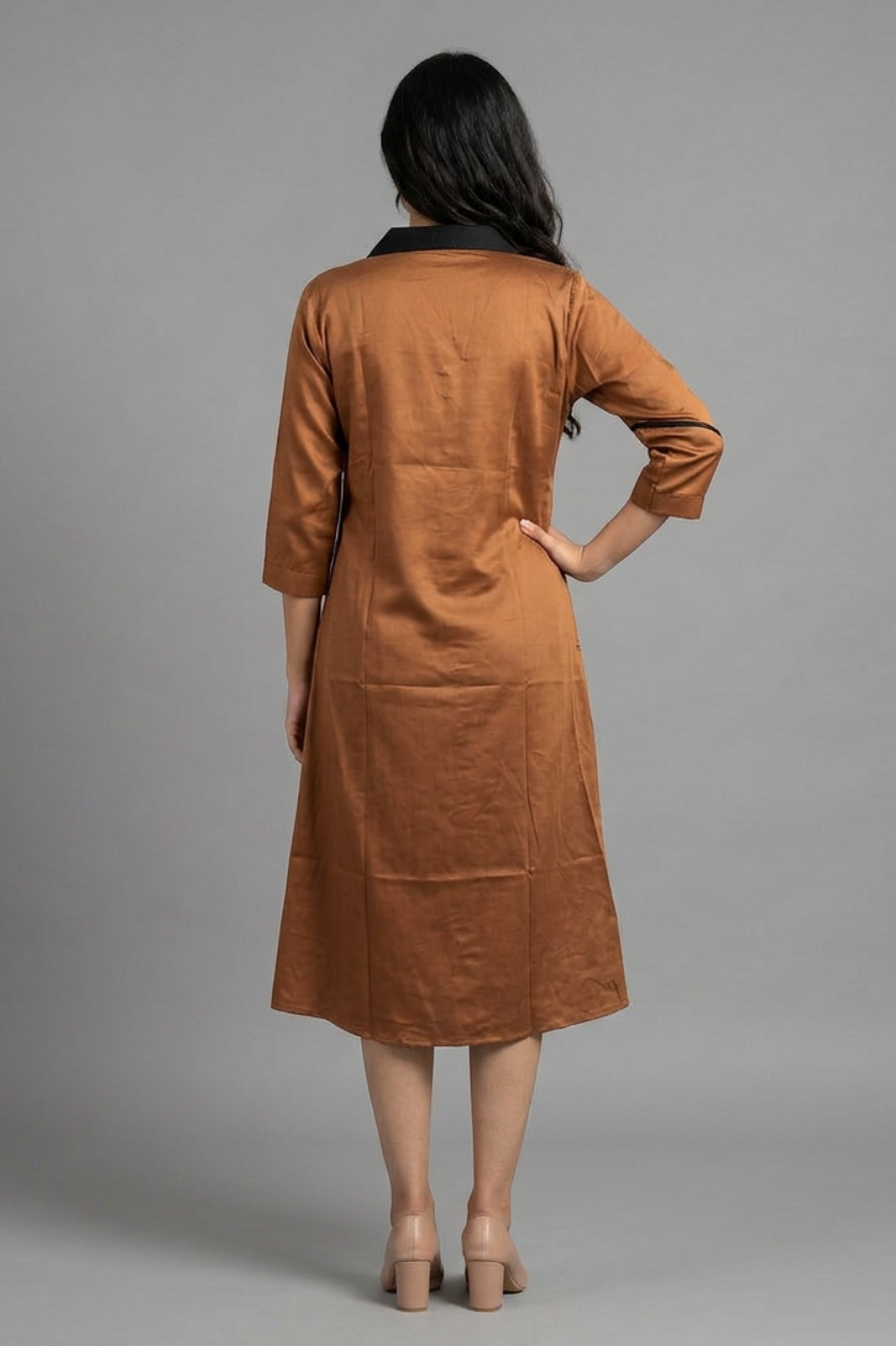 Brown Cotton Tunic with Black Collar