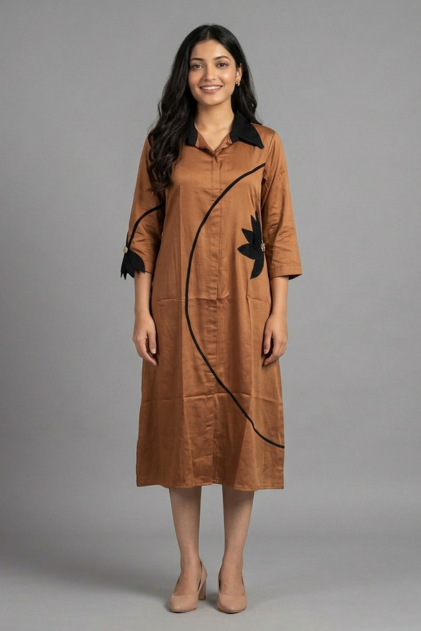 Brown Cotton Tunic with Black Collar