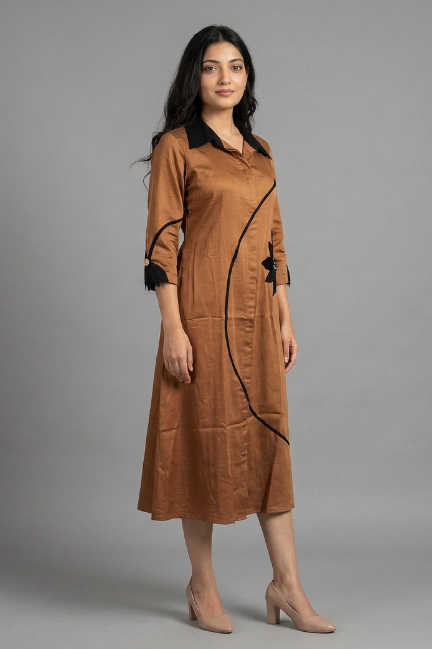 Brown Cotton Tunic with Black Collar