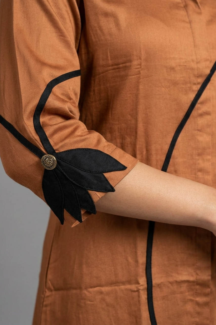 Brown Cotton Tunic with Black Collar