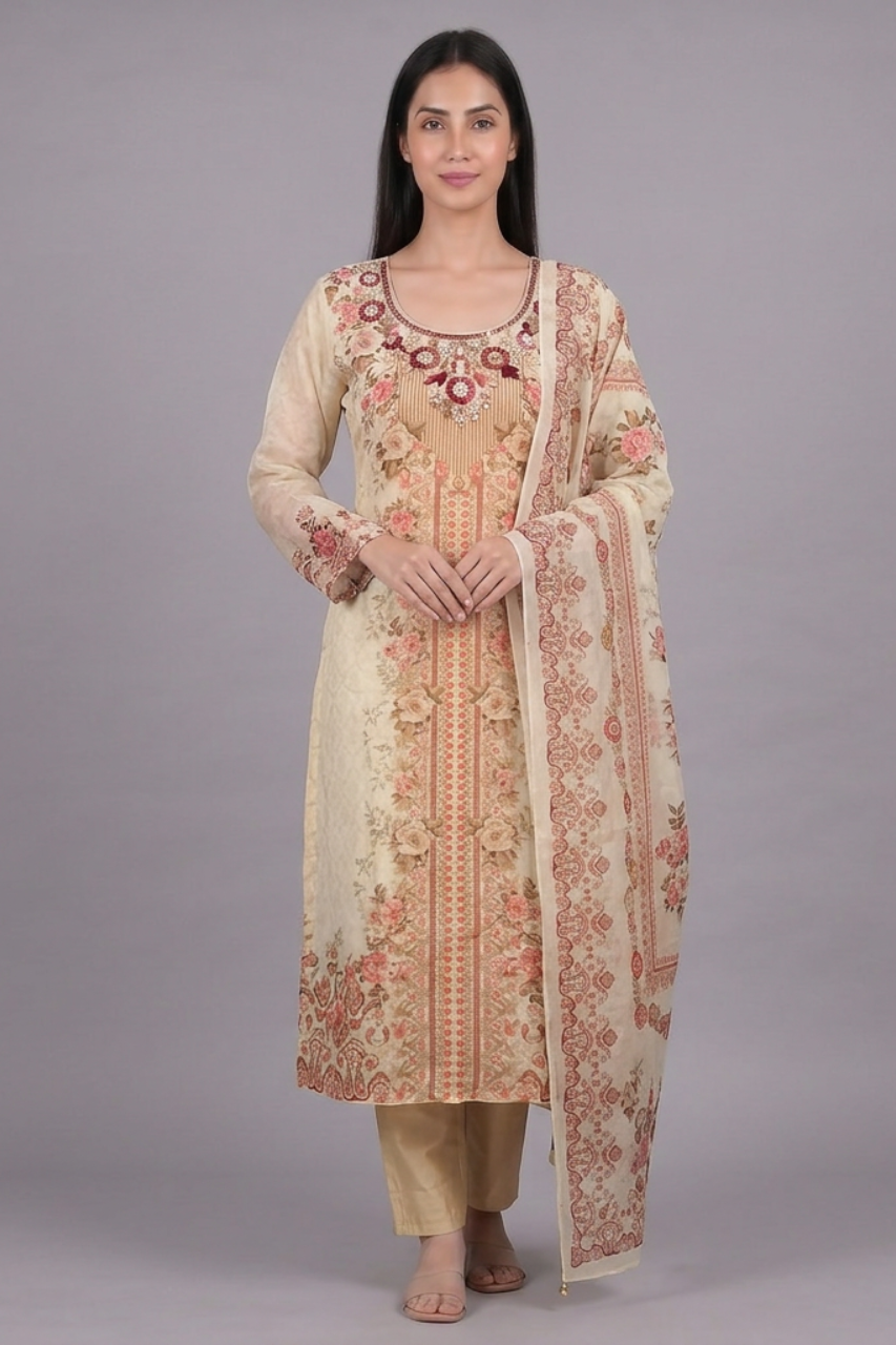 Beige Floral Printed Crape Embroidered Suit Set