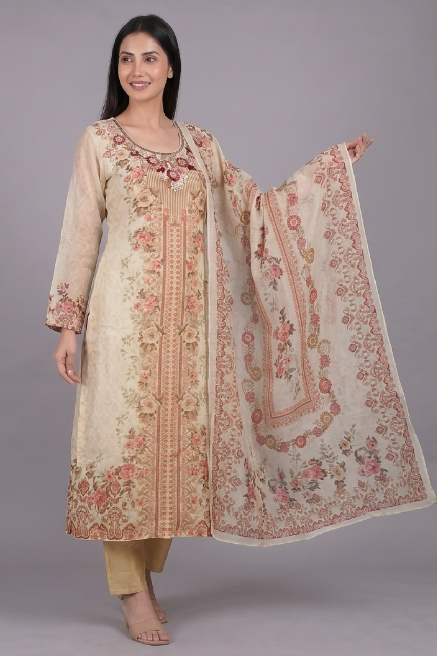 Beige Floral Printed Crape Embroidered Suit Set