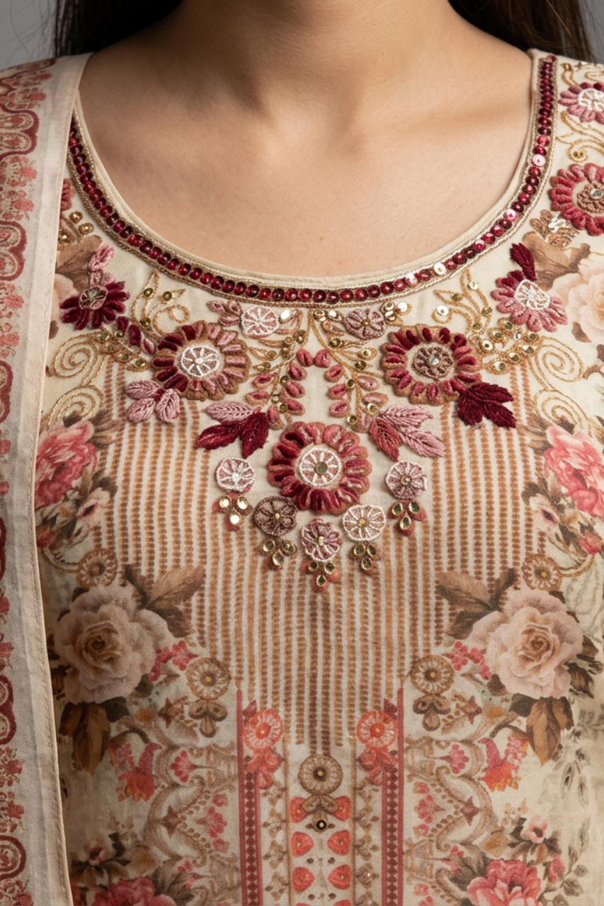 Beige Floral Printed Crape Embroidered Suit Set