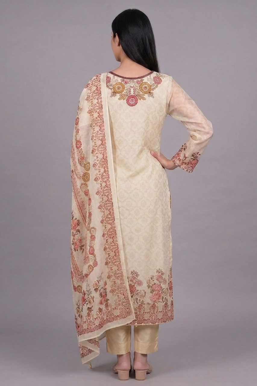Beige Floral Printed Crape Embroidered Suit Set